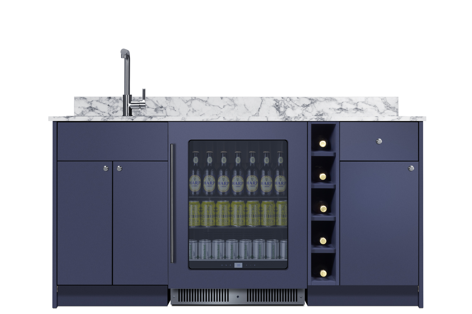 Turnkey Oasis Wet Bar featuring pre-assembled cabinetry and countertop with stainless steel sink, glass door beverage center, wine cubby, and storage cabinetry; ships in two boxes on one pallet